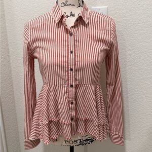 NWT True Craft Red and White Striped Button-Down hi low Peplum Top so XS